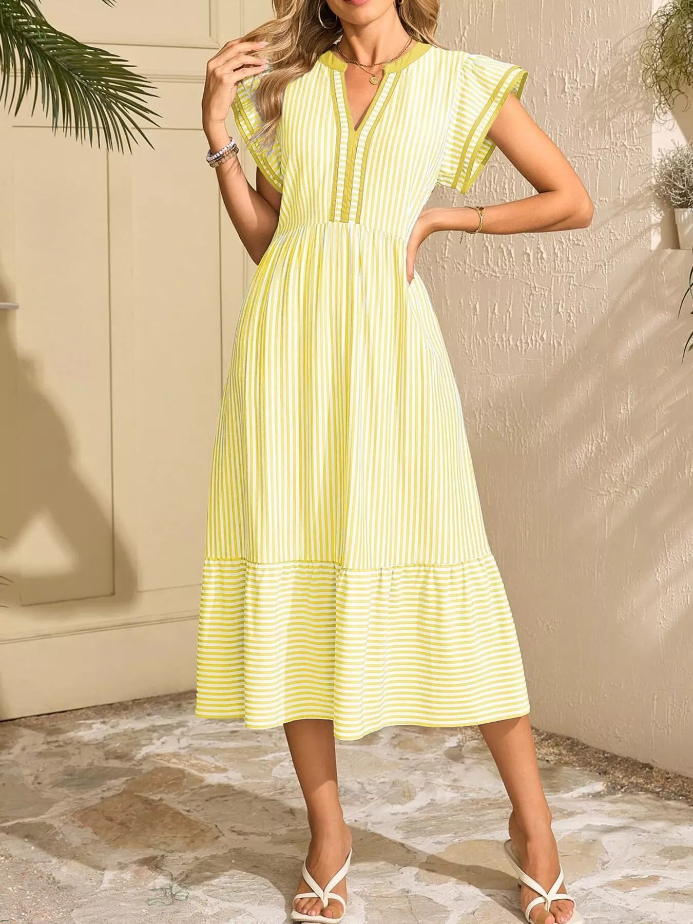 Striped Notched Ruffle Sleeve Dress