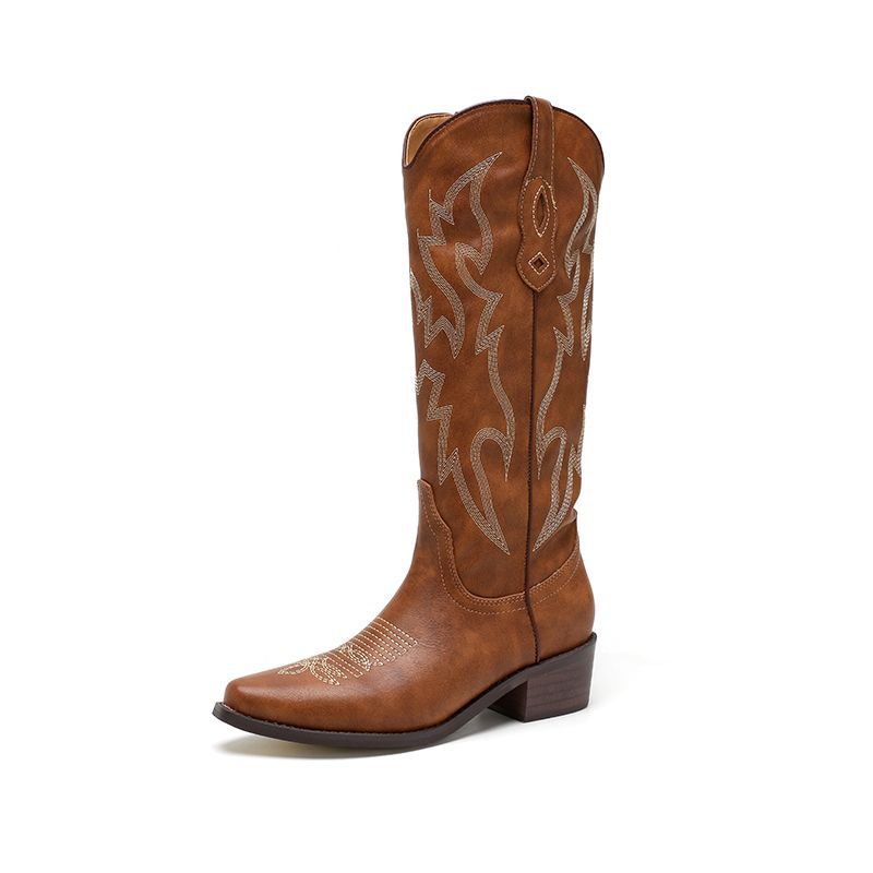 High-Heeled Embroidered Western Cowboy Soft-Leather Over-the-Knee Boots For Early Autumn