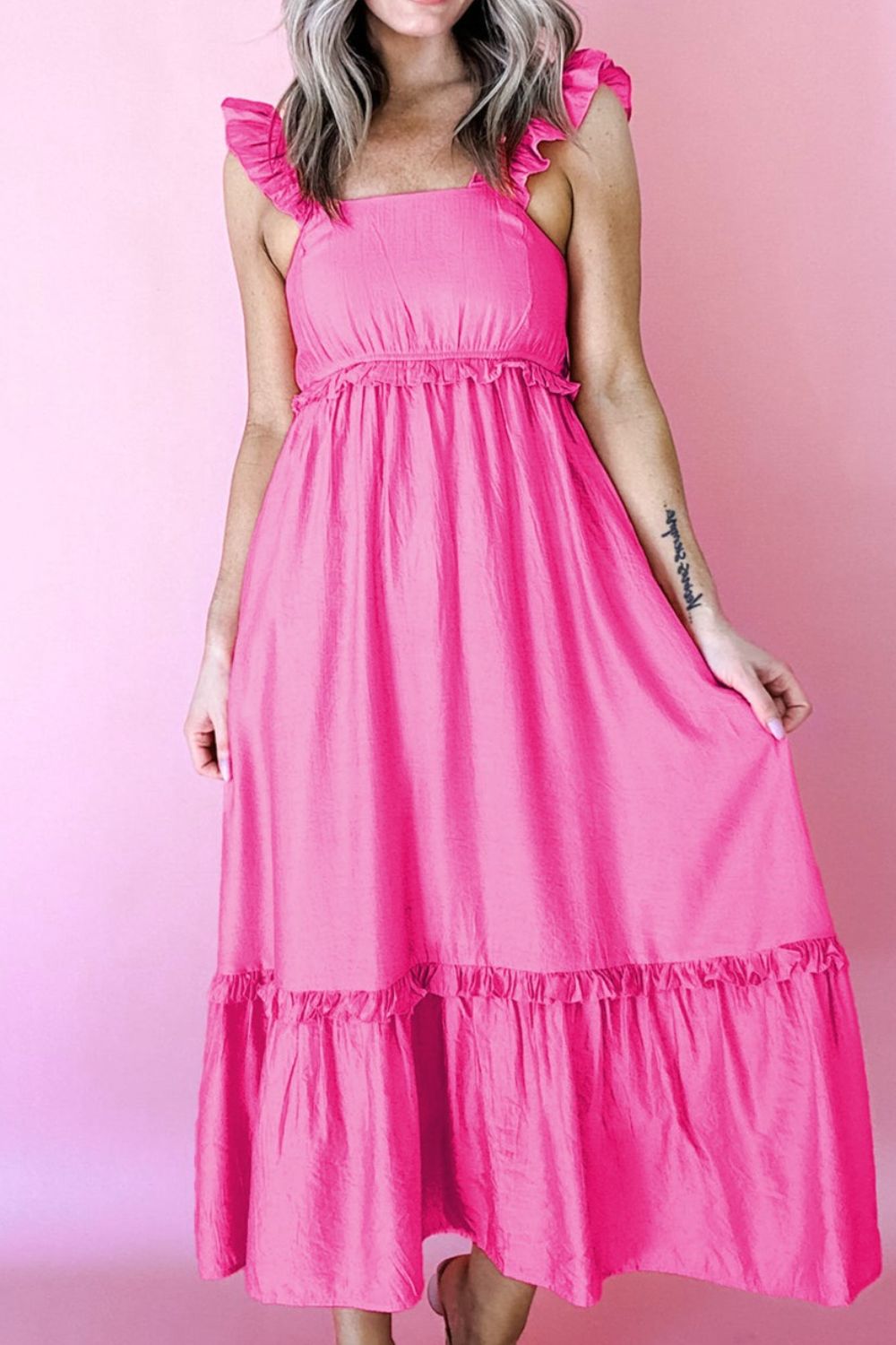 Solid Color Ruffle Trim High Waist Sleeveless Maxi Dress