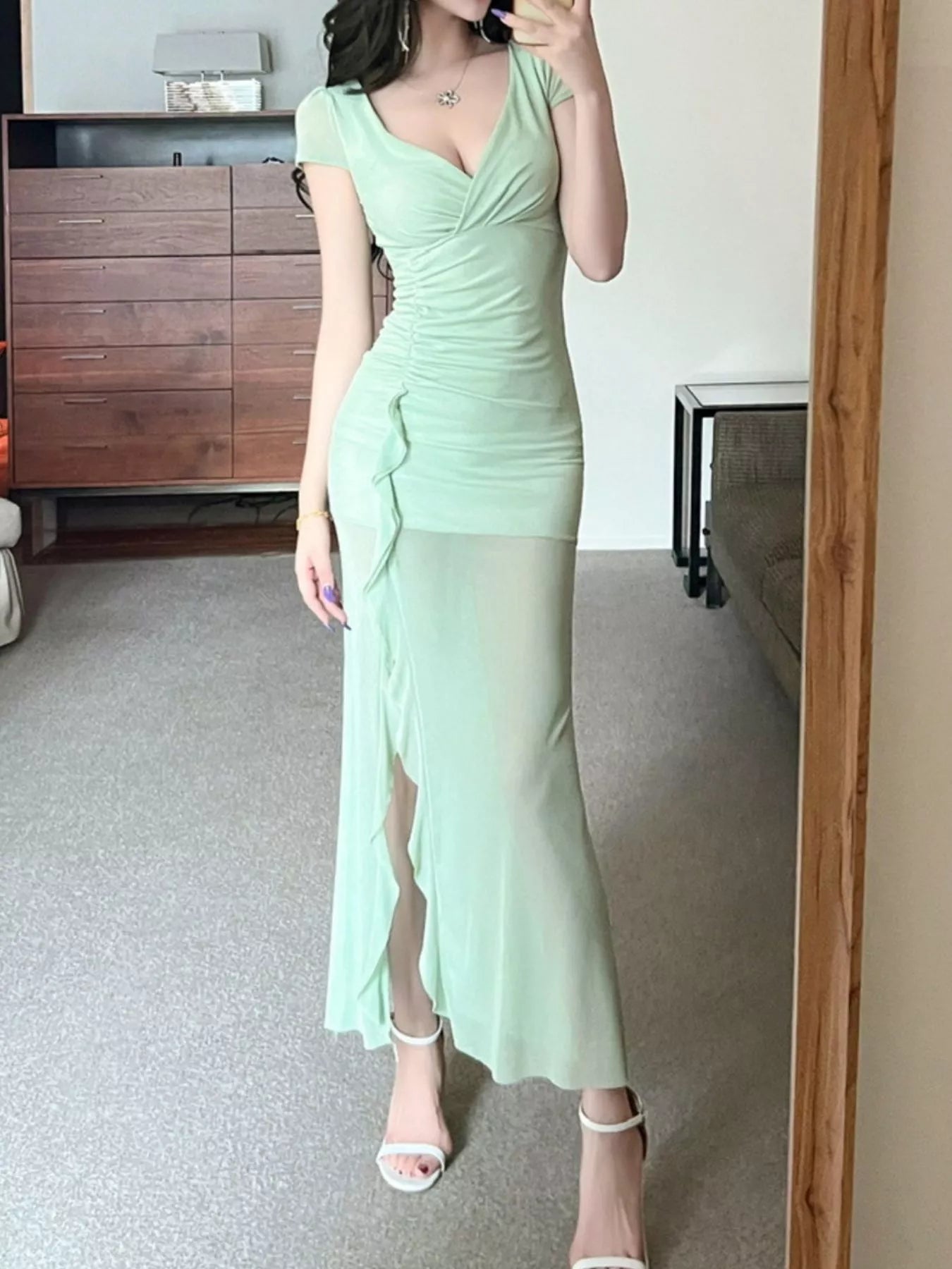 Tie-Dye Surplice Ruffle Slit Dress