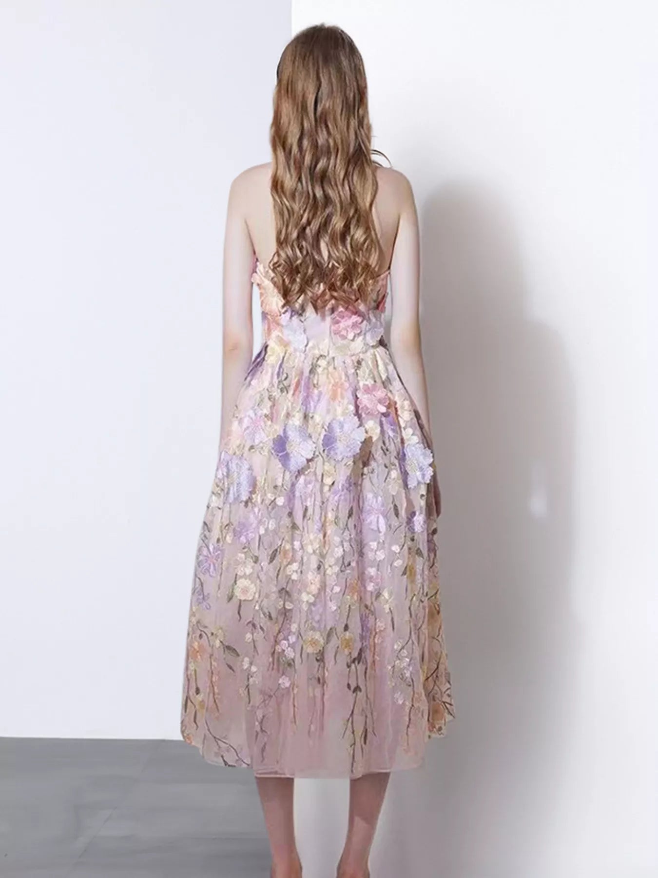 Strapless Floral Applique Midi Dress