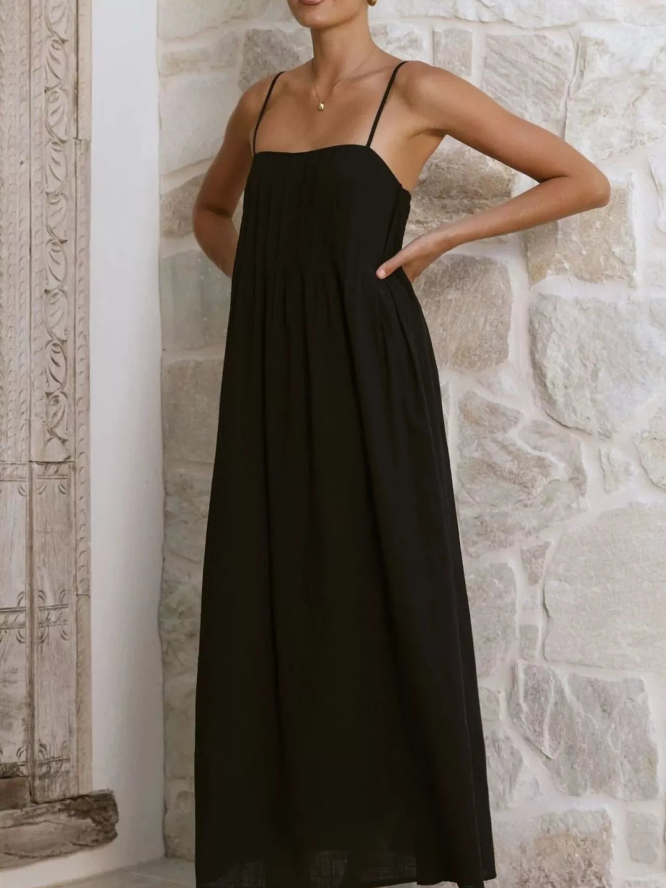 Pleated Bodice Midi Cami Dress