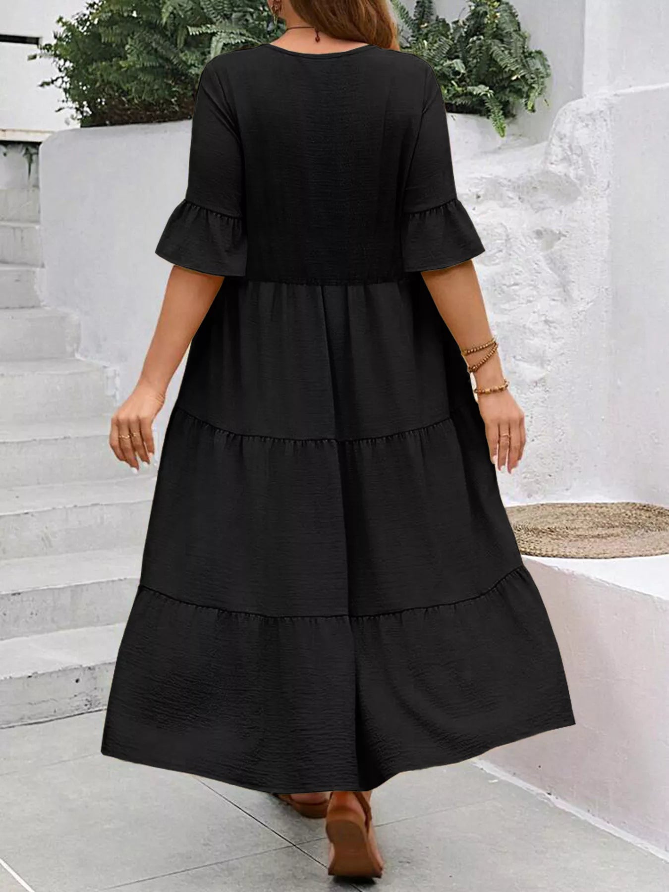 Plus Size Ruffle Sleeves Tiered Midi Dress