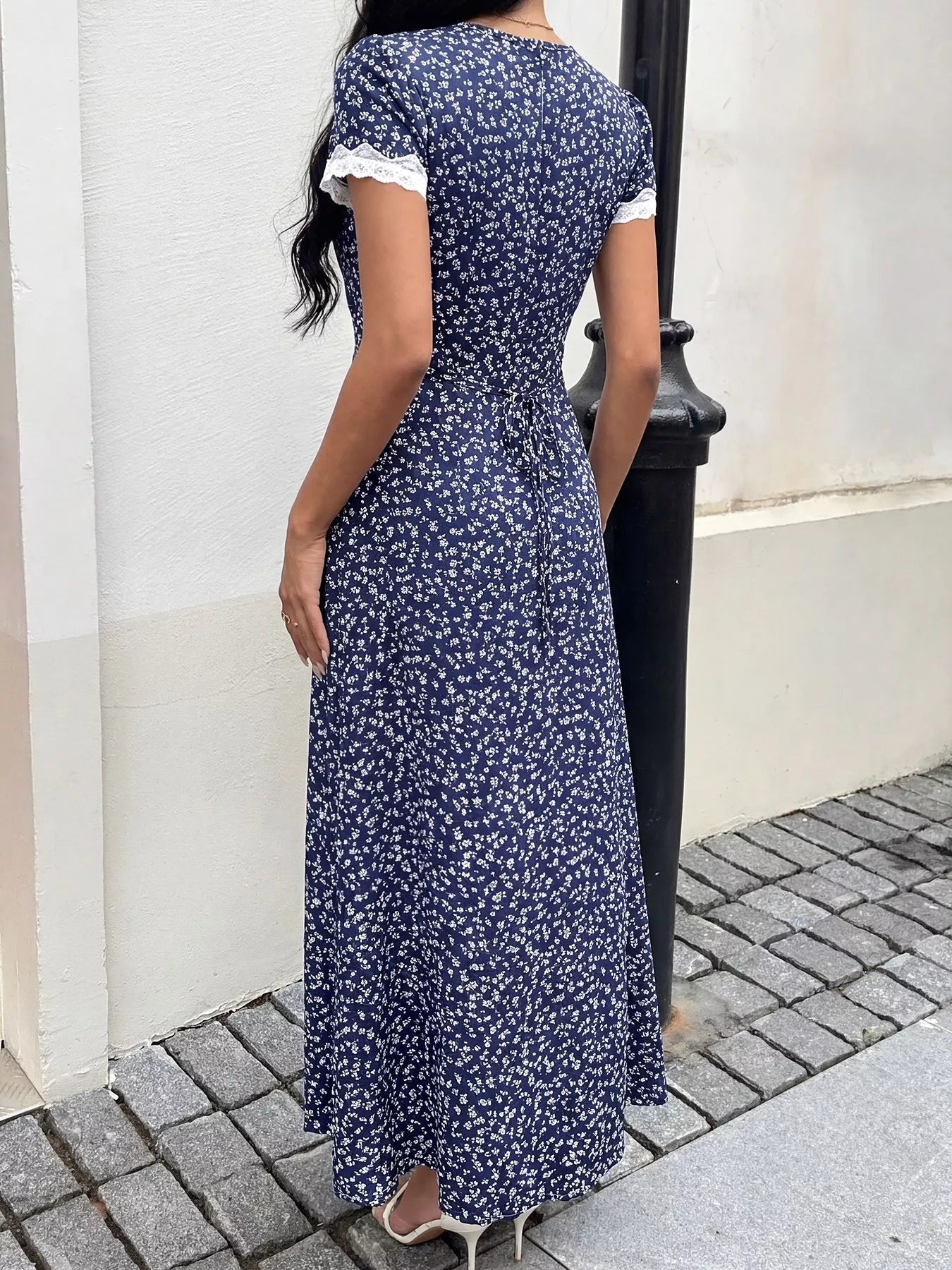 Floral Print Lace Trim Maxi Dress