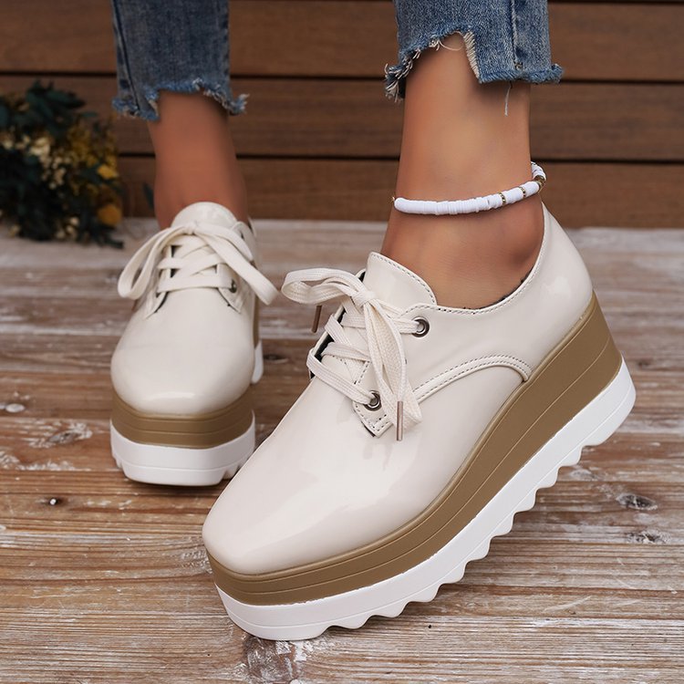 Womens Lace-up Square-toe Patent Leather Platform Wedge Heels