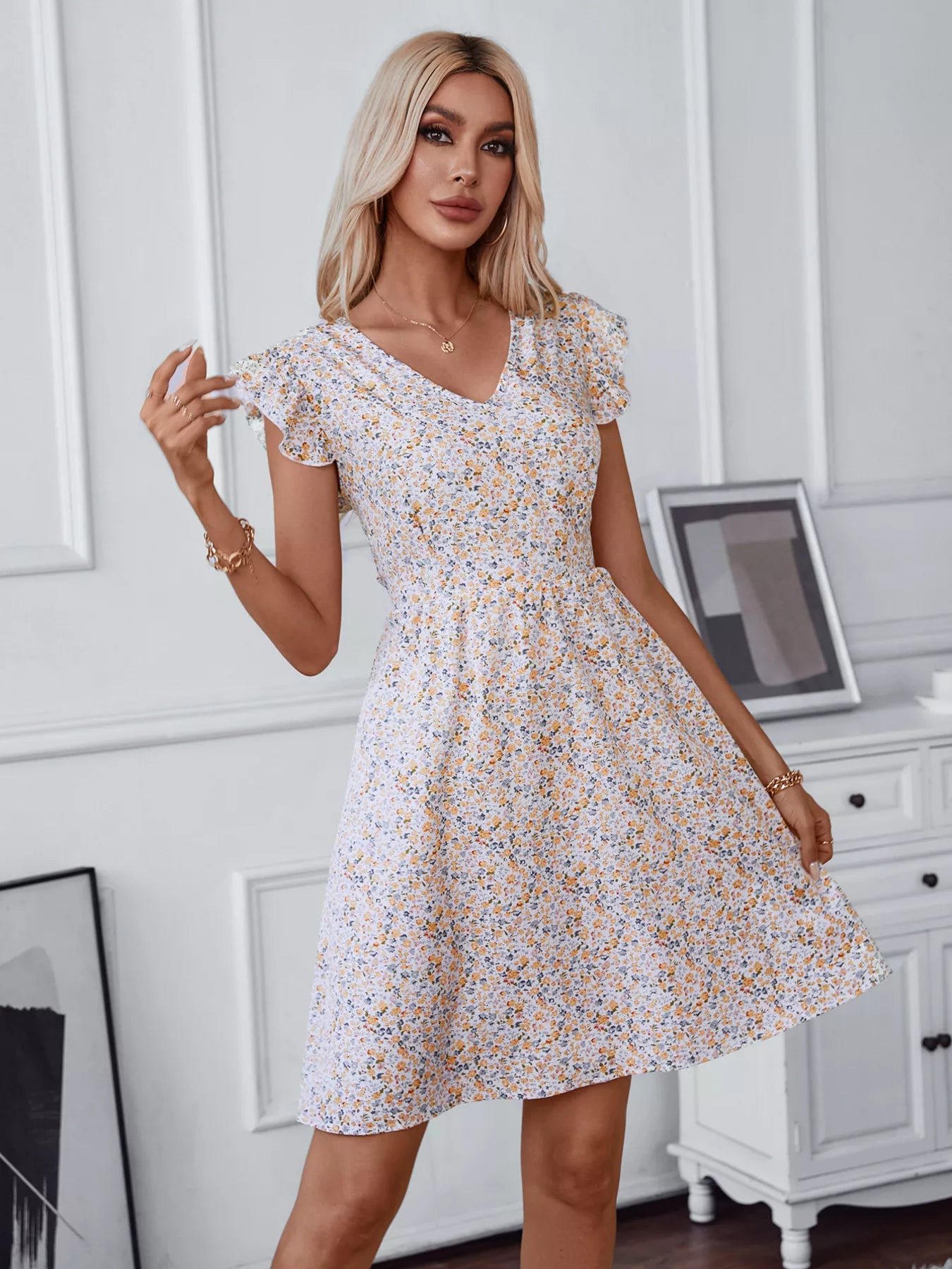 Floral Print Lace Trim Tie Back Mini Dress