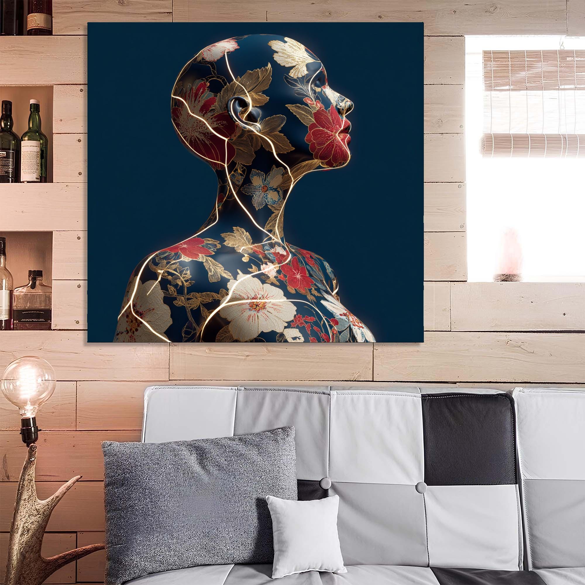 Floral Woman Tempered Glass Wall Art | Golden Crack Accent