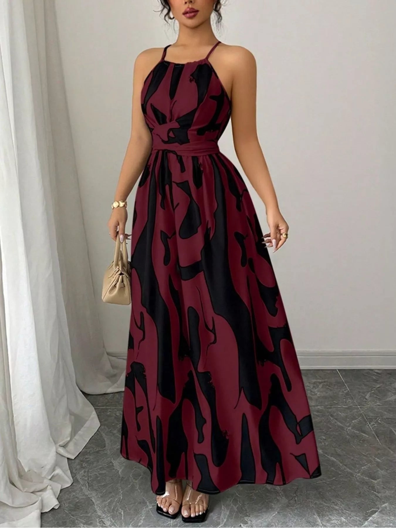 Abstract Print Halter Neck Maxi Dress