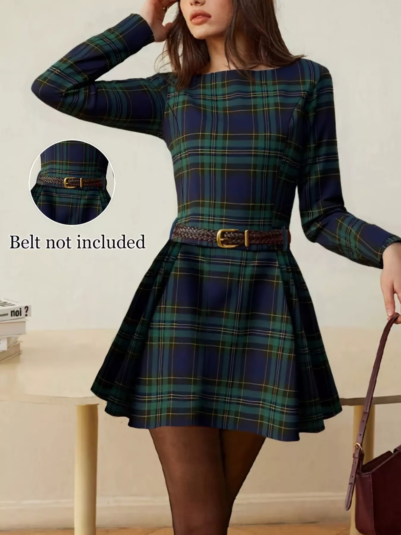 Plaid Print Long Sleeve A-Line Dress