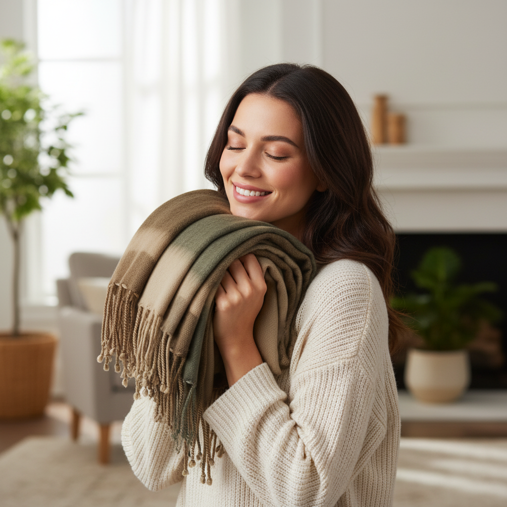 Beautiful woman hugging alpaca throw blanket