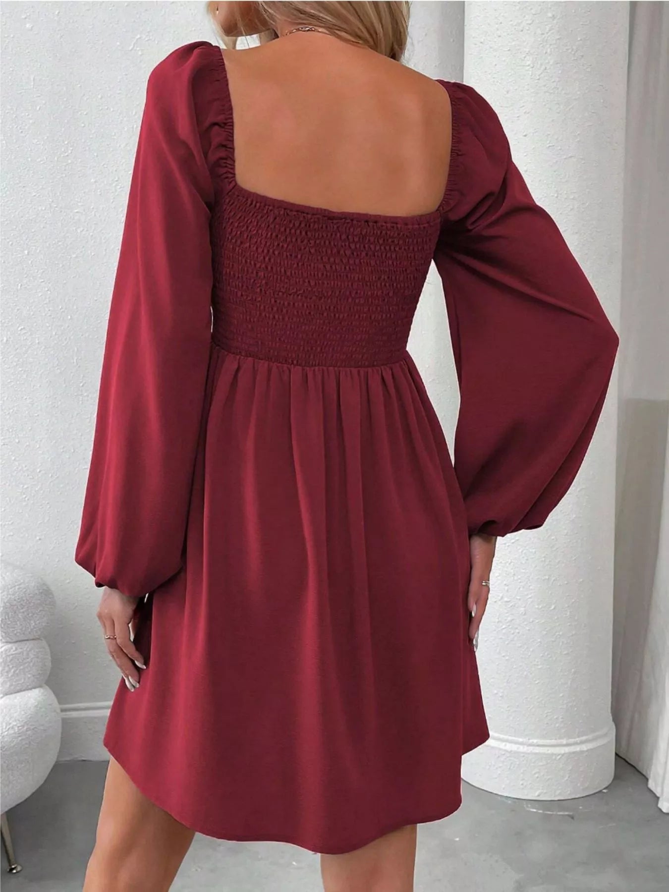 Ruched Square Neck Long Sleeve A-Line Dress