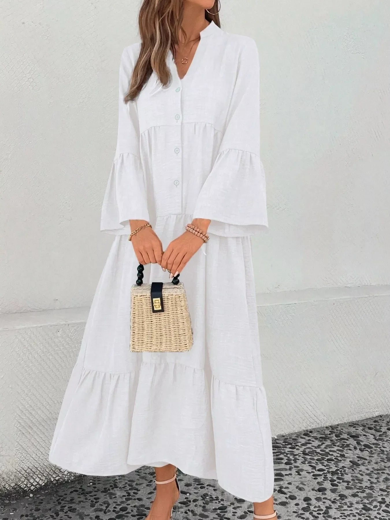 Ruffle Hem Button Front Tiered Dress
