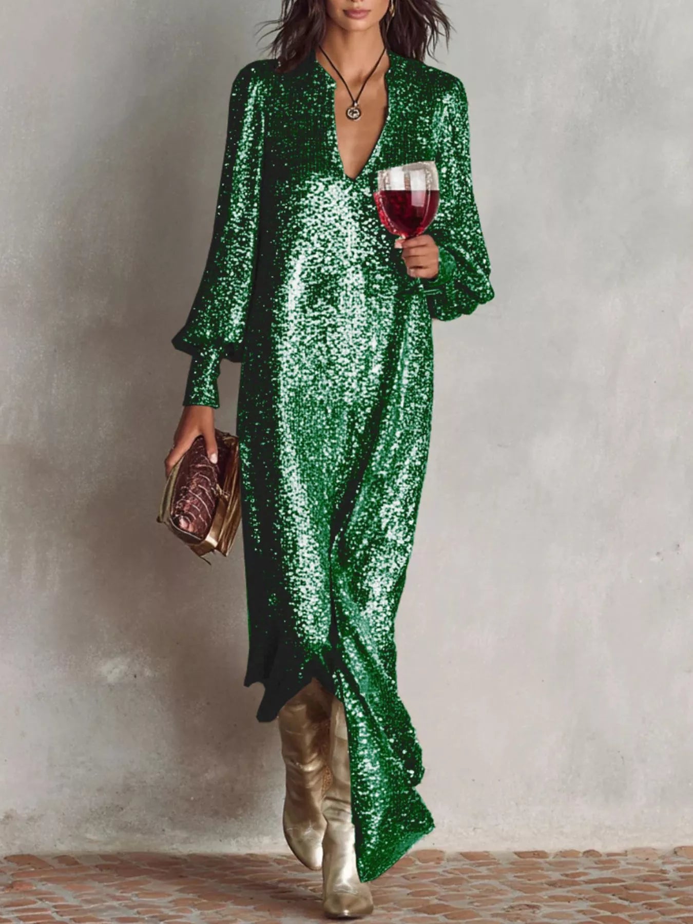 Sequin Notched Lantern Sleeve Maxi Dress