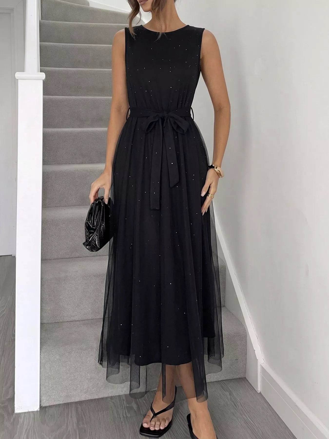 Glitter Sleeveless Tulle Midi Dress