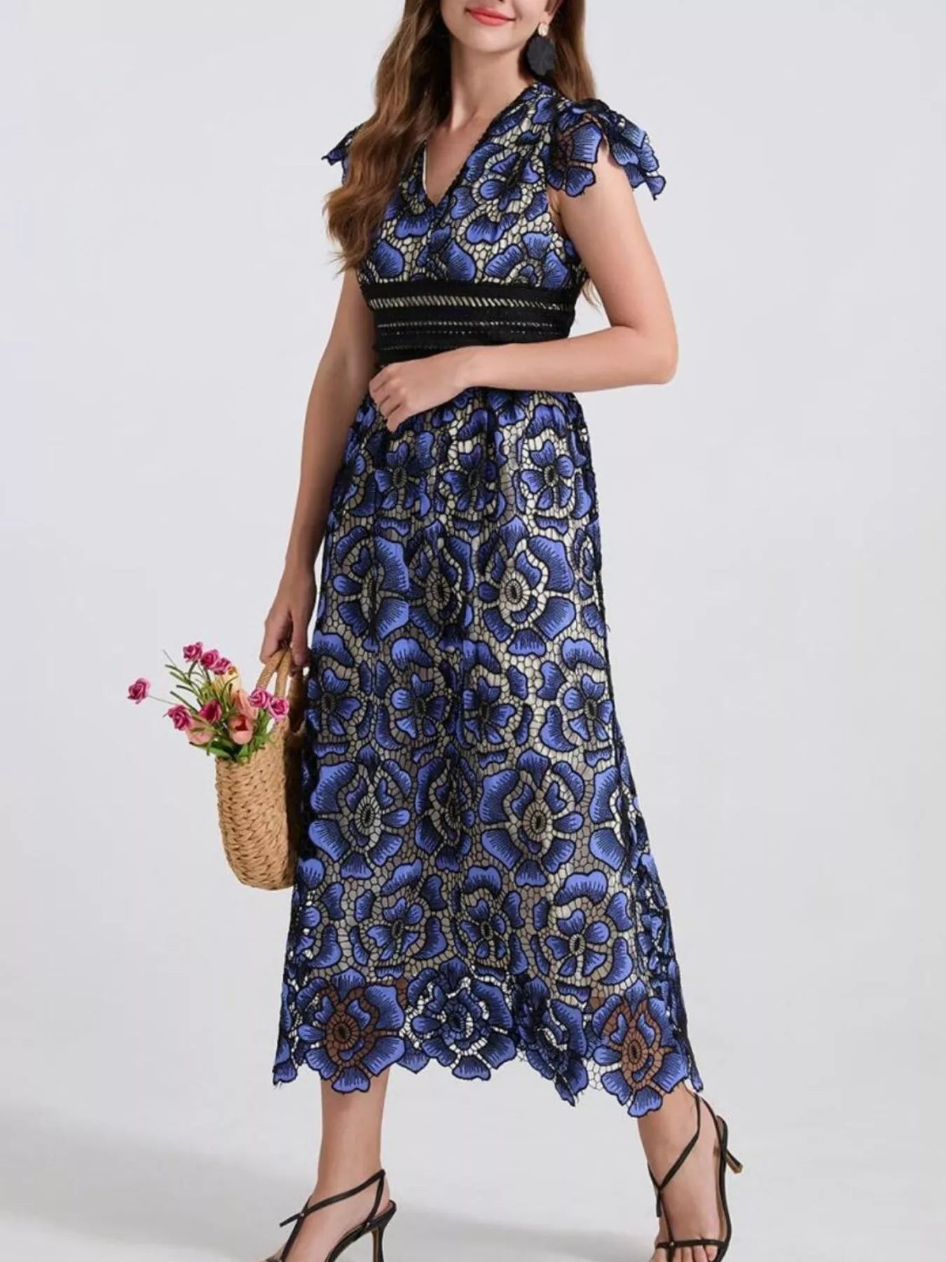 Printed V-Neck Ruffle Sleeve Midi Dress