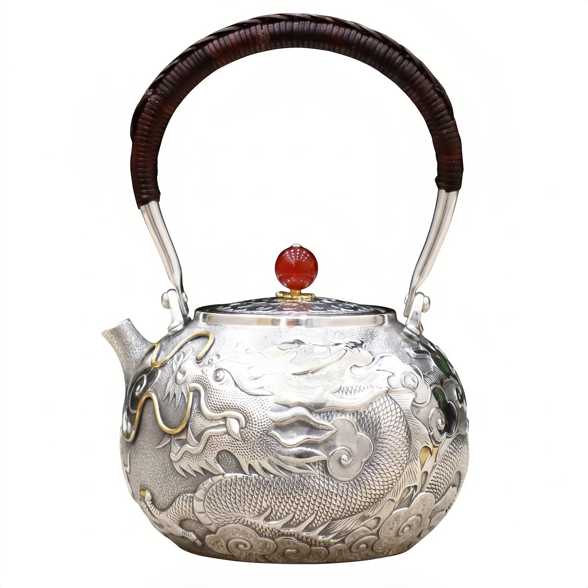 Pure 999 Fine Silver Exquisite Silver Teapot with Handcrafted Dragon Relief and Crimson Stone Finial - Handicraft