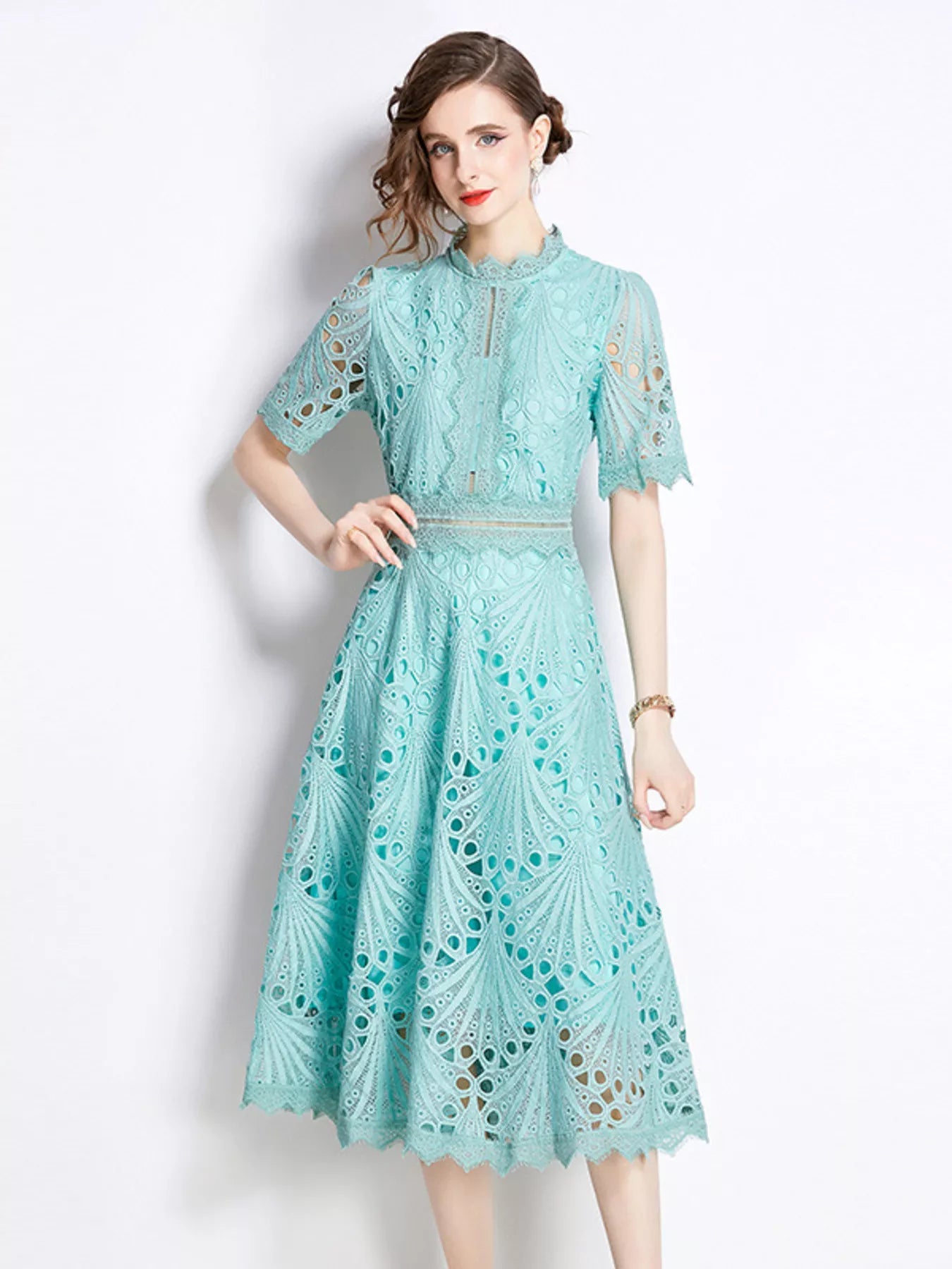 Full Size Lace Short Sleeve Midi Dress Plus Size