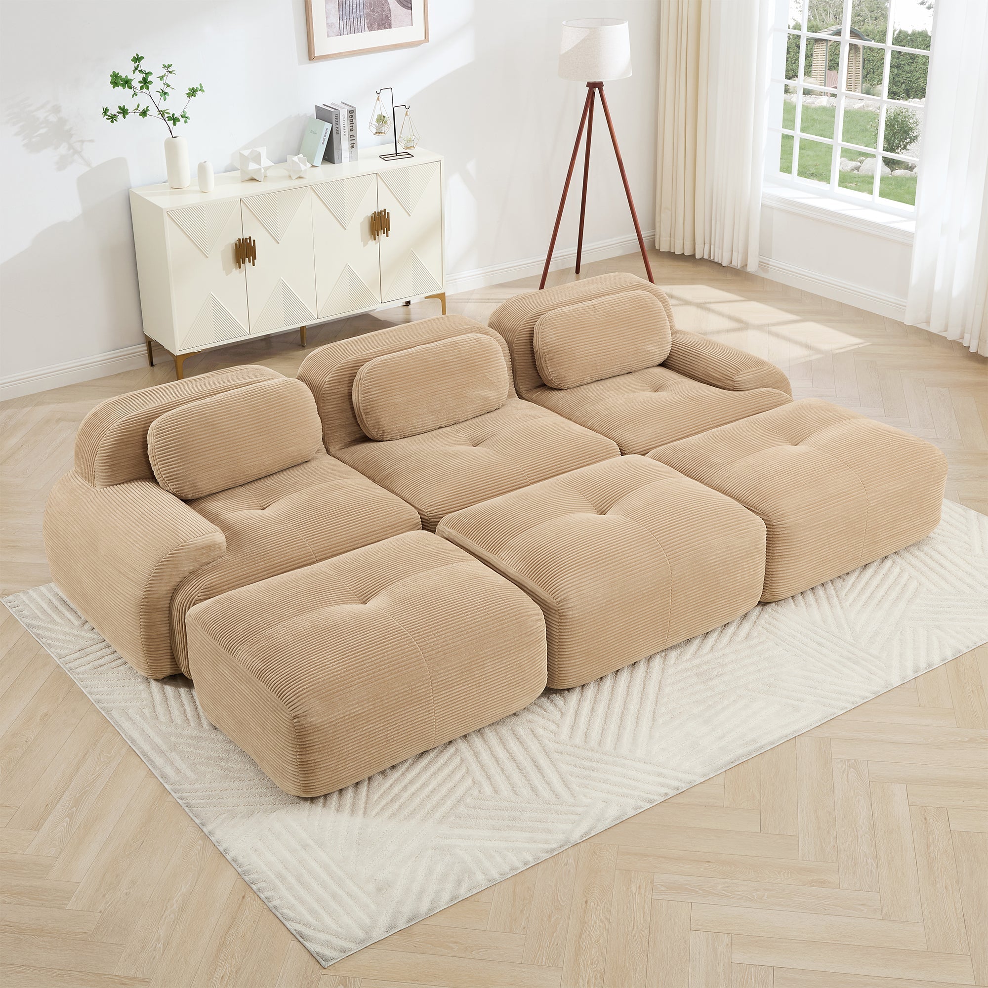 Three-Seat Modular Sofa with 3 Ottomans - Camel