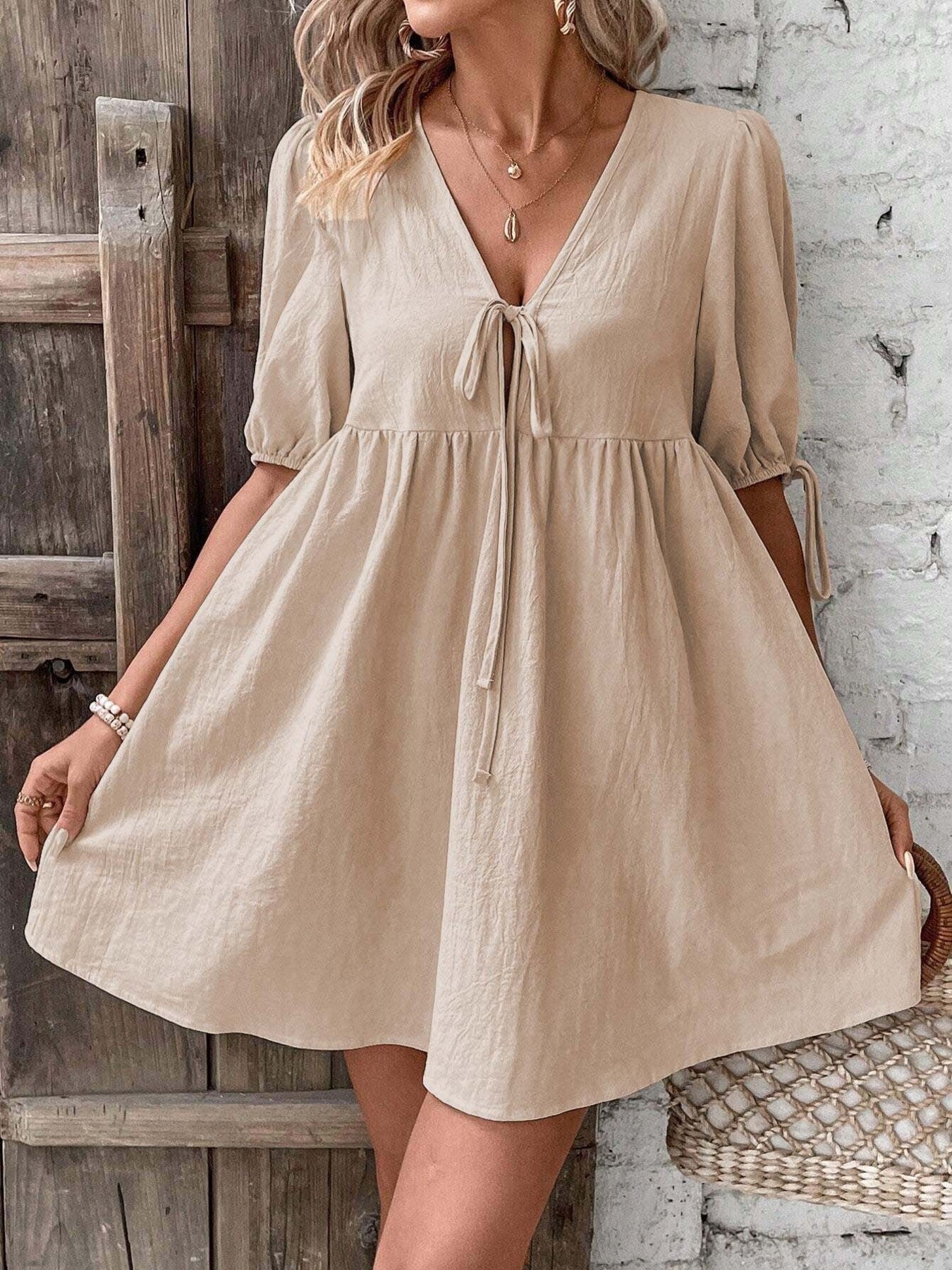 Tie Front Puff Sleeve Mini Dress