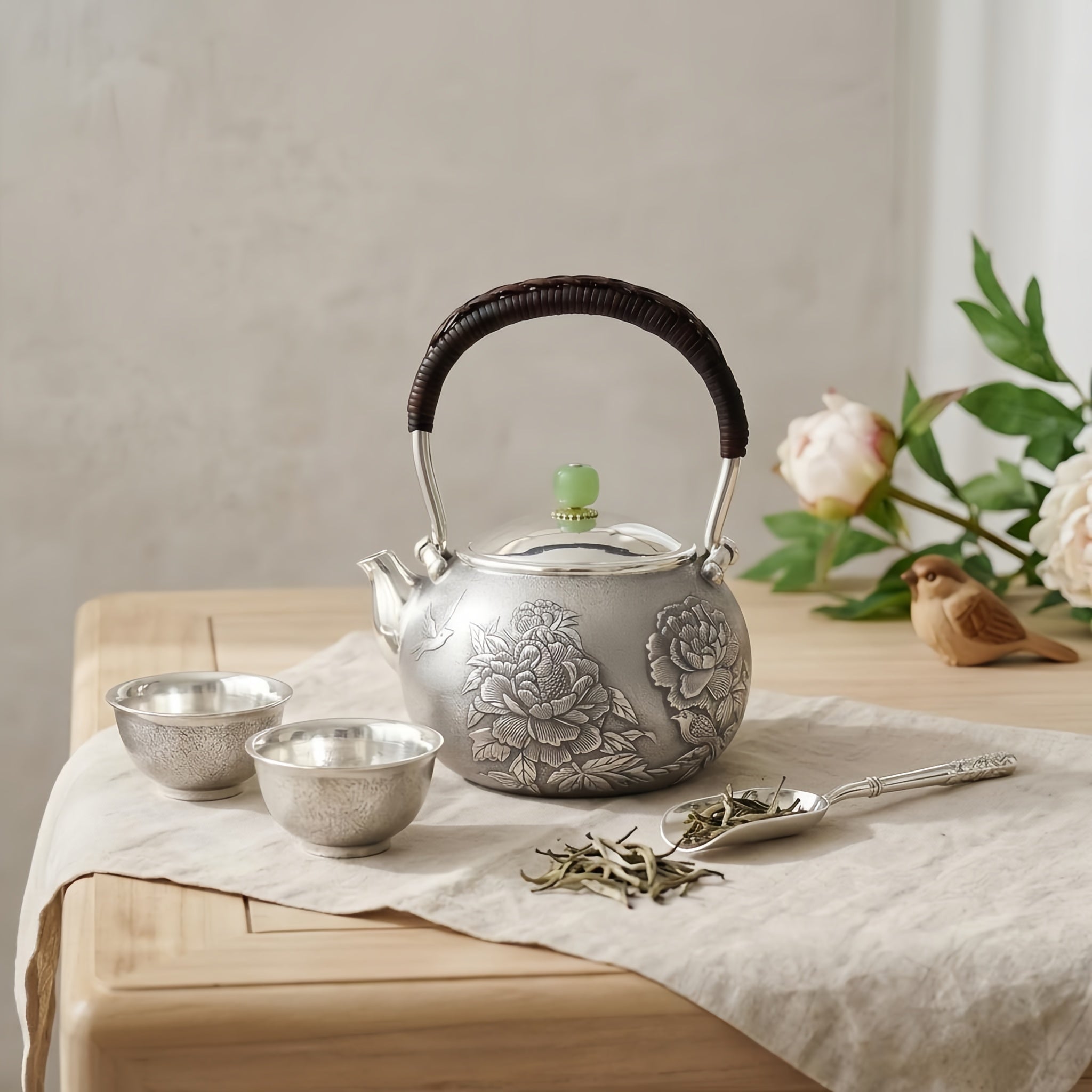 Pure 999 Fine Silver Handcrafted Silver Teapot Featuring Intricate Peony Engravings and Green Jadeite Lid Knob - Handicraft