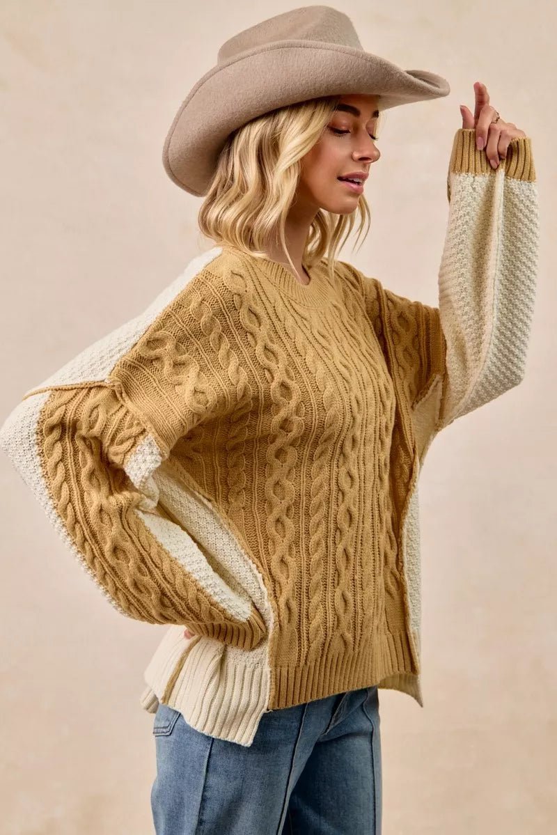 BiBi Cable Knit With Hacci Combo Sweater With Uneven Hem Detail - Overture Gifts