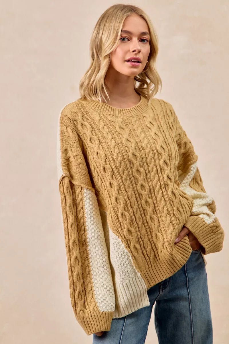 BiBi Cable Knit With Hacci Combo Sweater With Uneven Hem Detail - Overture Gifts