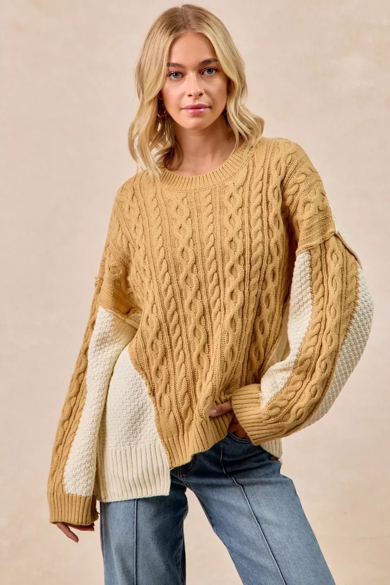 BiBi Cable Knit With Hacci Combo Sweater With Uneven Hem Detail - Overture Gifts