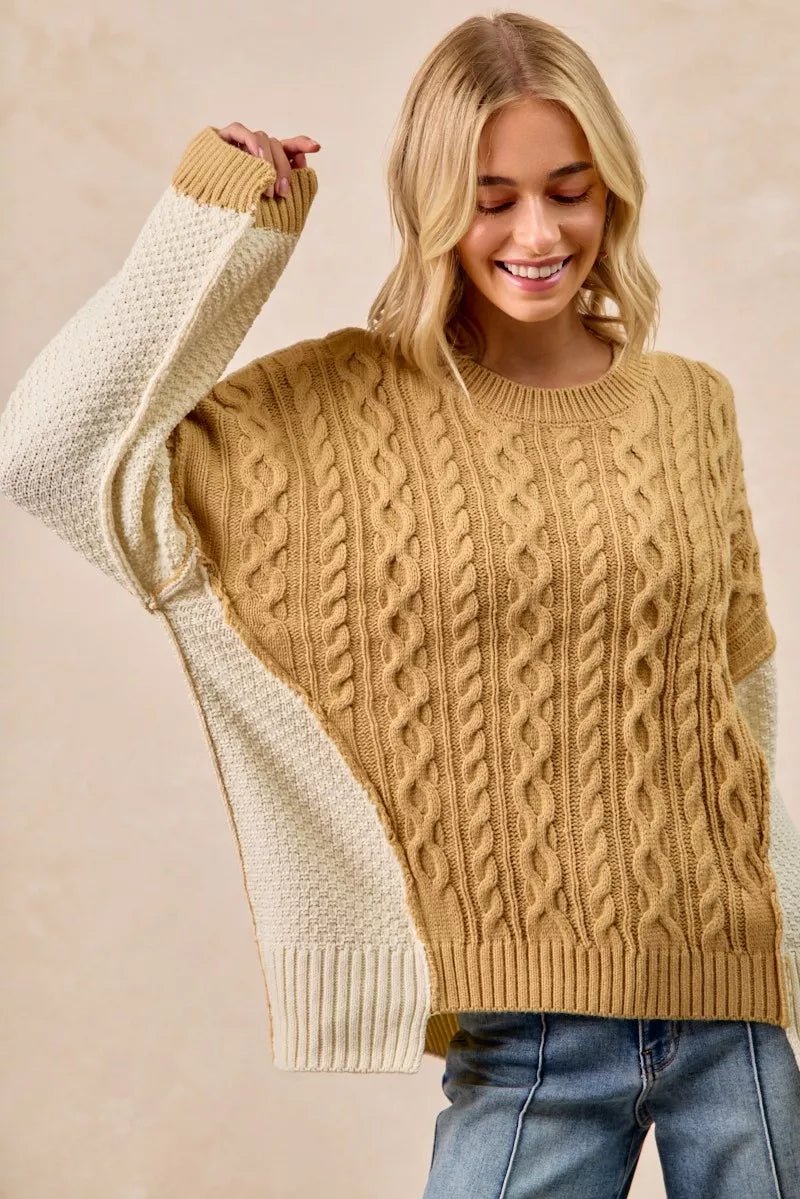 BiBi Cable Knit With Hacci Combo Sweater With Uneven Hem Detail - Overture Gifts