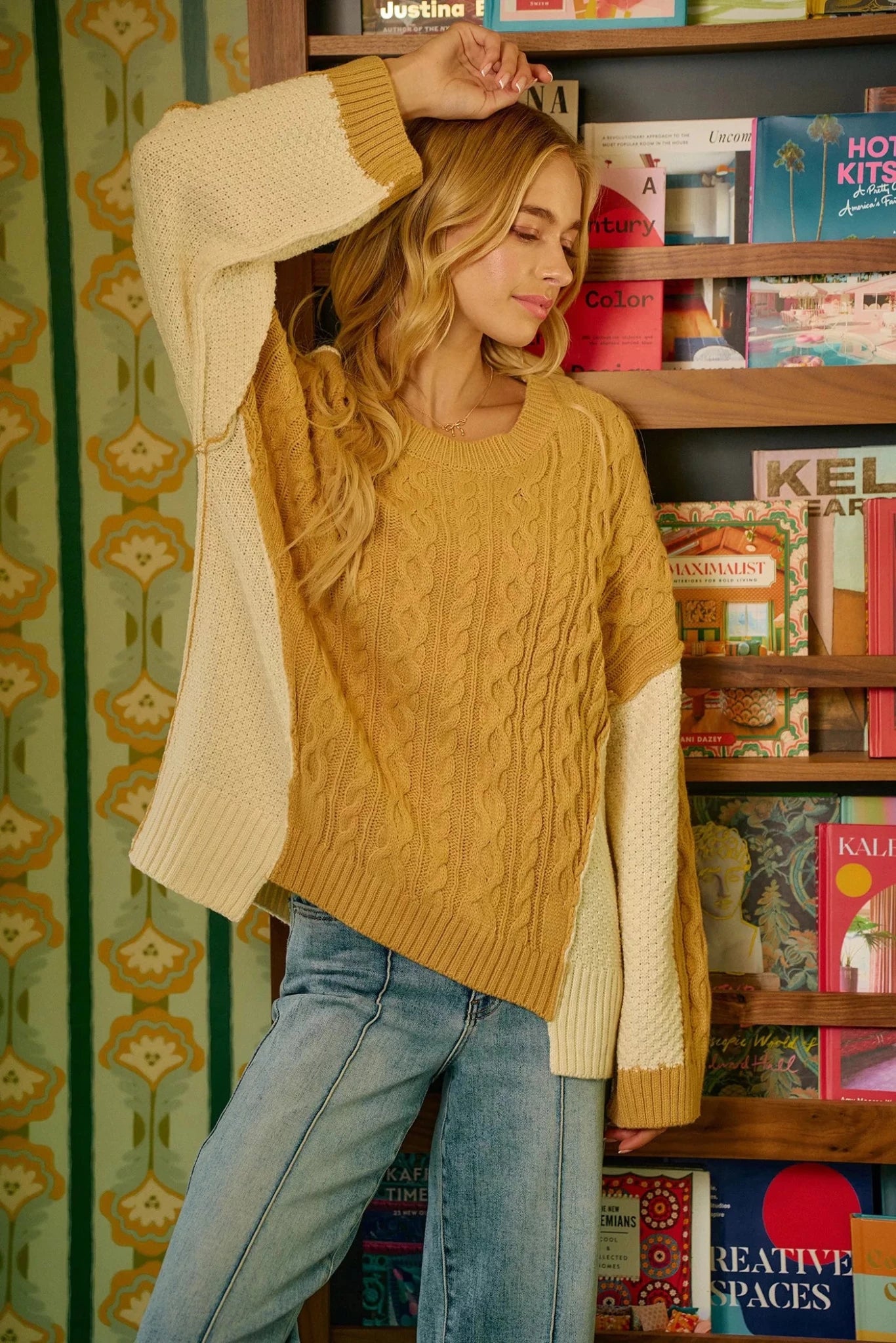 BiBi Cable Knit With Hacci Combo Sweater With Uneven Hem Detail - Overture Gifts