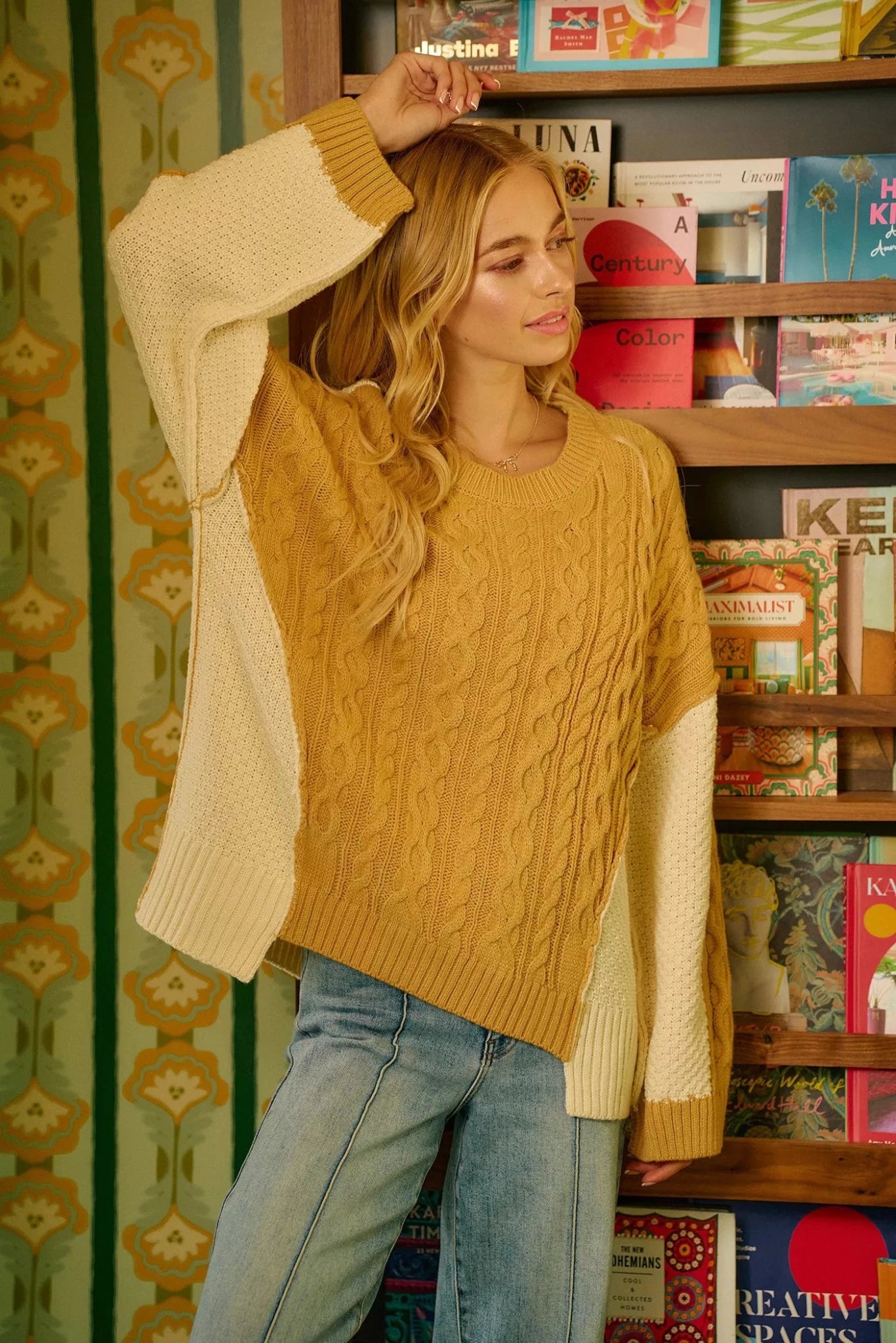 BiBi Cable Knit With Hacci Combo Sweater With Uneven Hem Detail - Overture Gifts