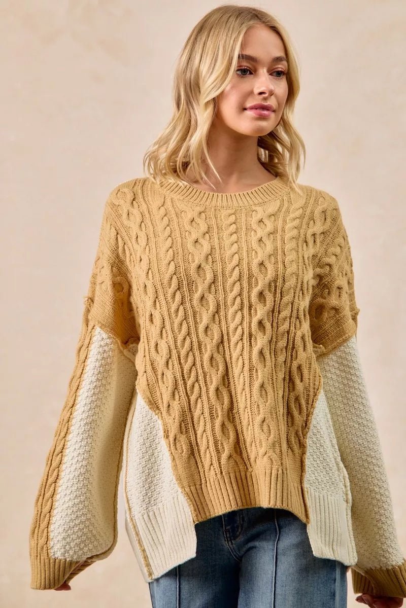 BiBi Cable Knit With Hacci Combo Sweater With Uneven Hem Detail - Overture Gifts