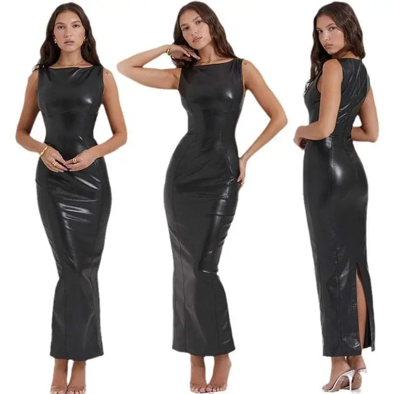 Black American Style Women Dress in PU Leather Skirt