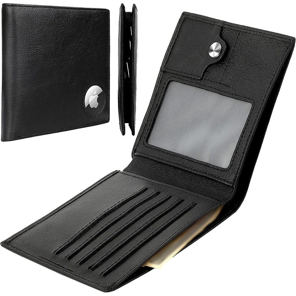 Black Genuine Leather Wallet Case - Apple AirTag - Overture Gifts
