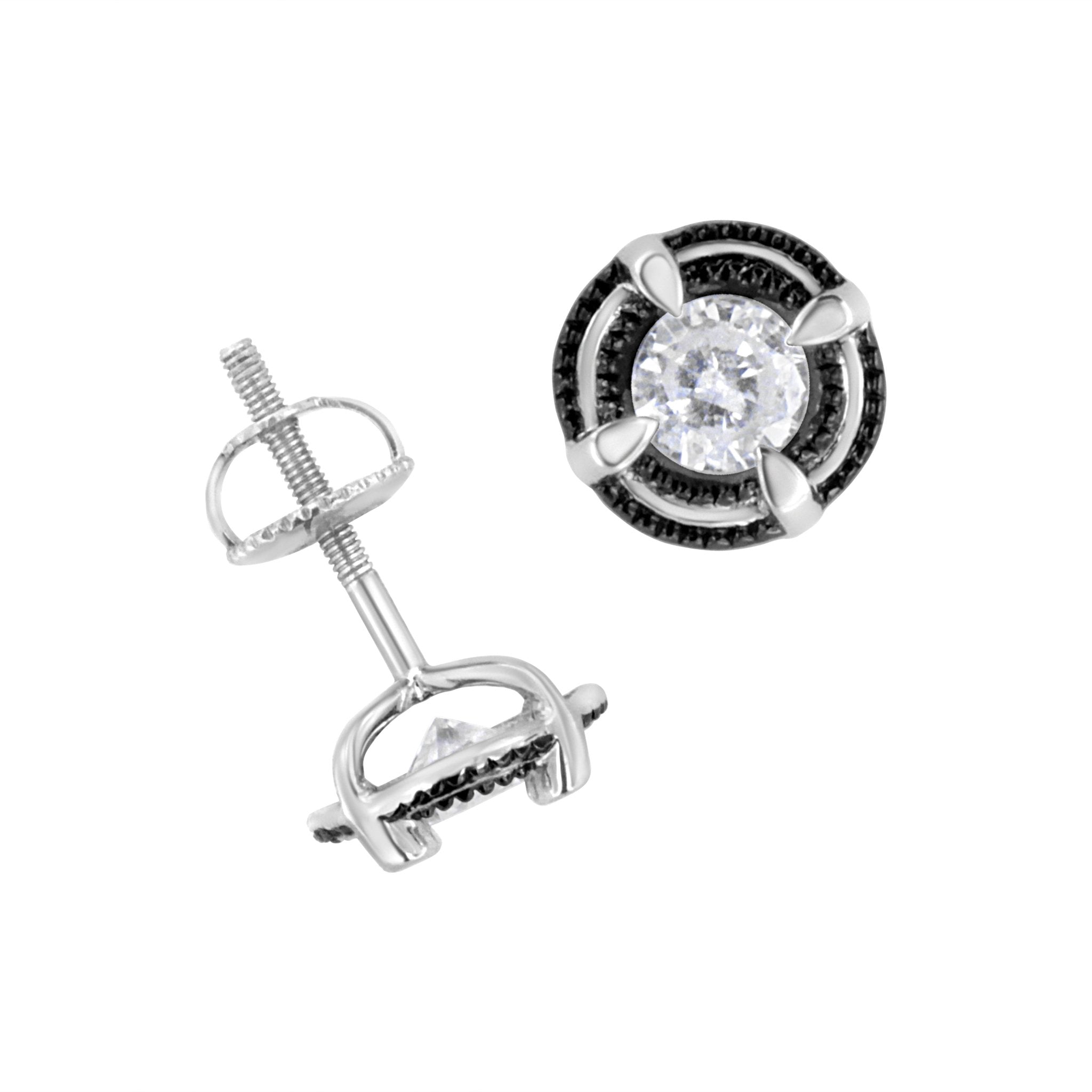 Black Rhodium Plated .925 Sterling Silver Round 1-1/2 cttw Diamond Double Halo 4-Prong Solitaire Milgrain Stud Earrings (H-I Color, I2-I3 Clarity) - Overture Gifts