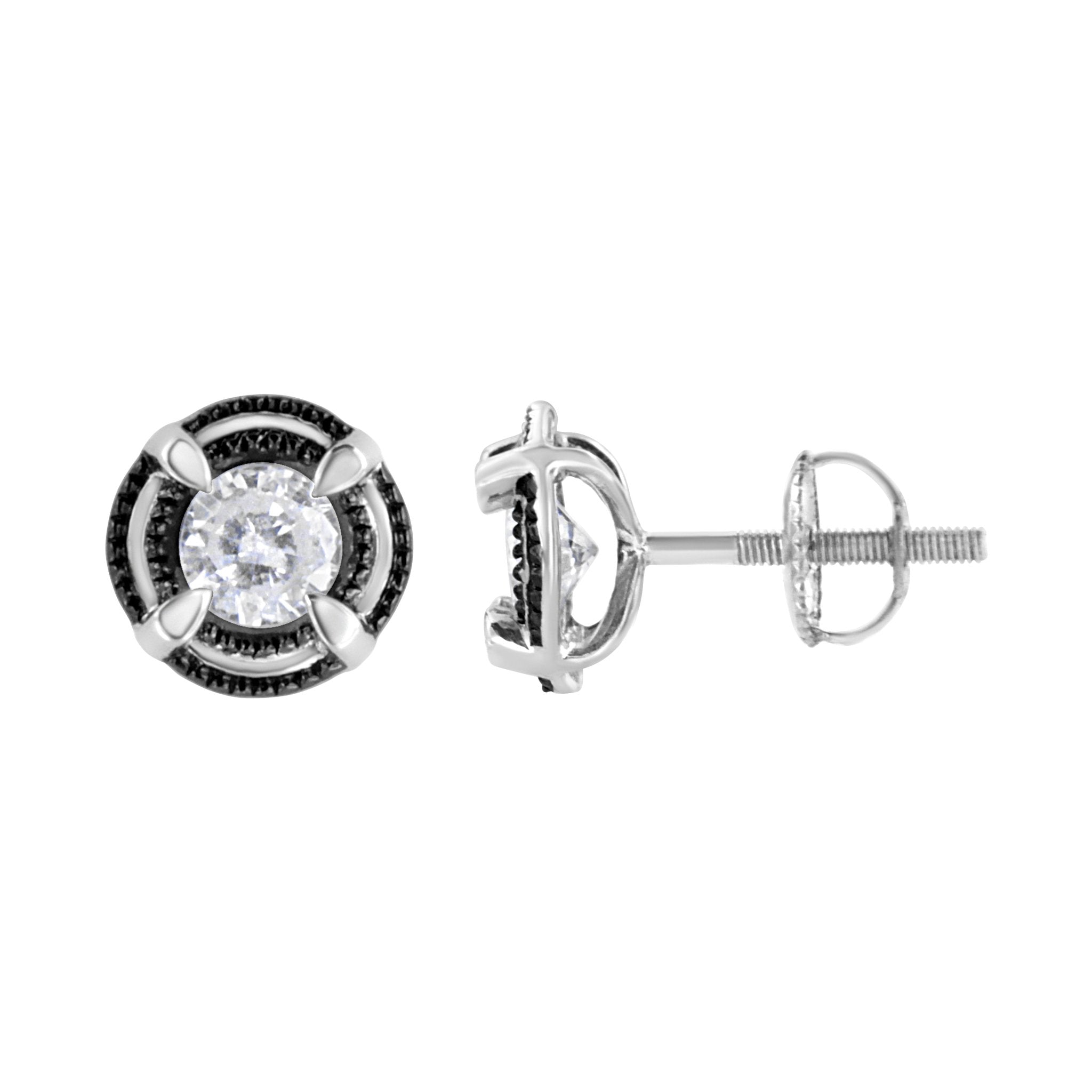 Black Rhodium Plated .925 Sterling Silver Round 1-1/2 cttw Diamond Double Halo 4-Prong Solitaire Milgrain Stud Earrings (H-I Color, I2-I3 Clarity) - Overture Gifts