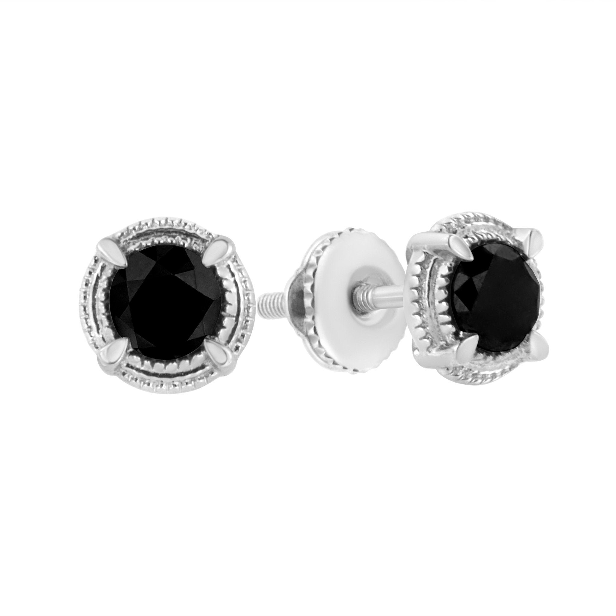 Black Rhodium Plated .925 Sterling Silver Round 1-1/2 cttw Diamond Double Halo 4-Prong Solitaire Milgrain Stud Earrings (H-I Color, I2-I3 Clarity) - Overture Gifts