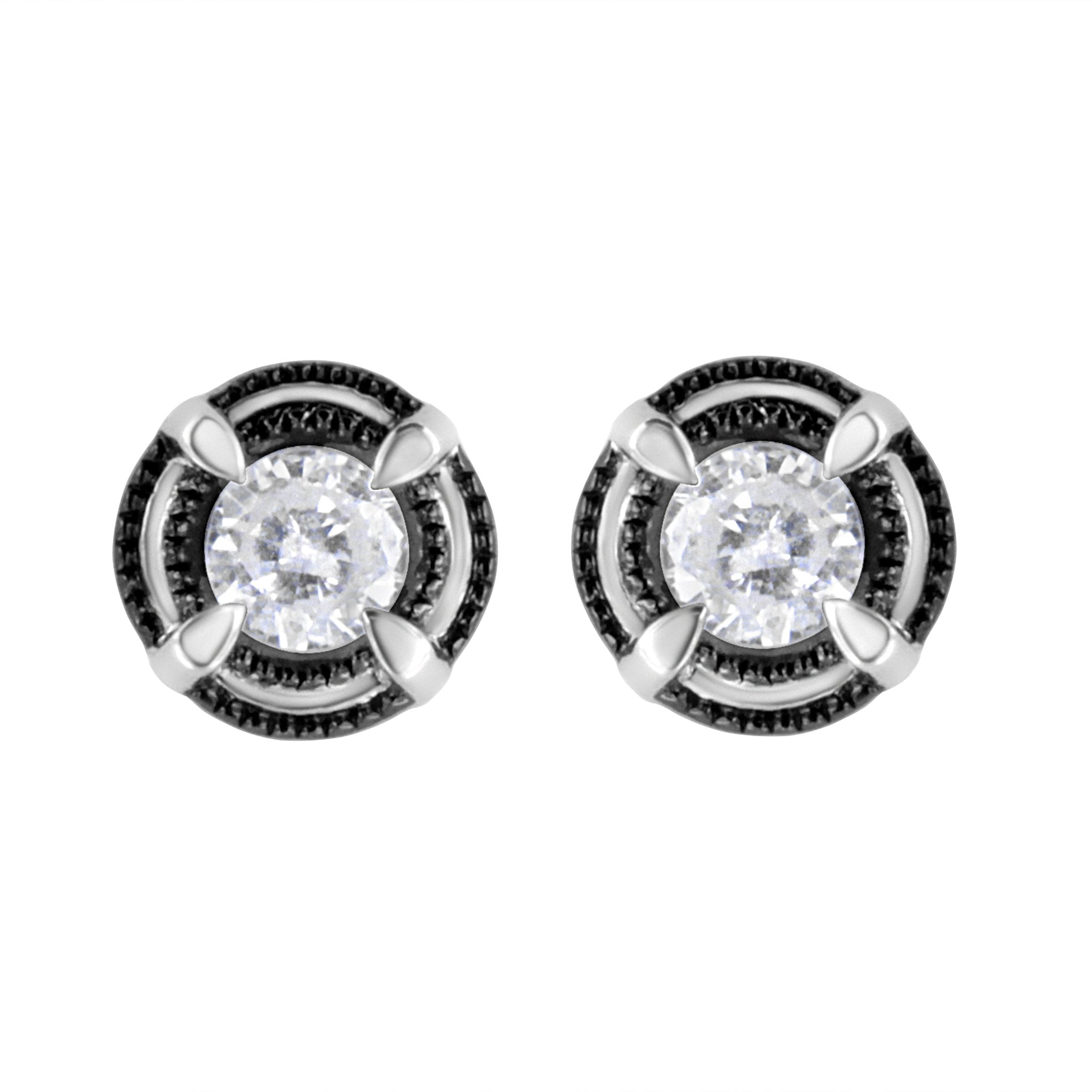 Black Rhodium Plated .925 Sterling Silver Round 1-1/2 cttw Diamond Double Halo 4-Prong Solitaire Milgrain Stud Earrings (H-I Color, I2-I3 Clarity) - Overture Gifts