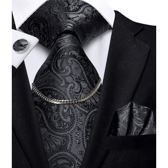 Black Silk Necktie Set Timeless Pocket Square Cufflinks - Overture Gifts