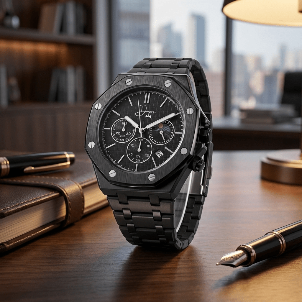 Black Stainless Steel Watch - ChronoLunar All Black by Dapper Watches - Overture Gifts
