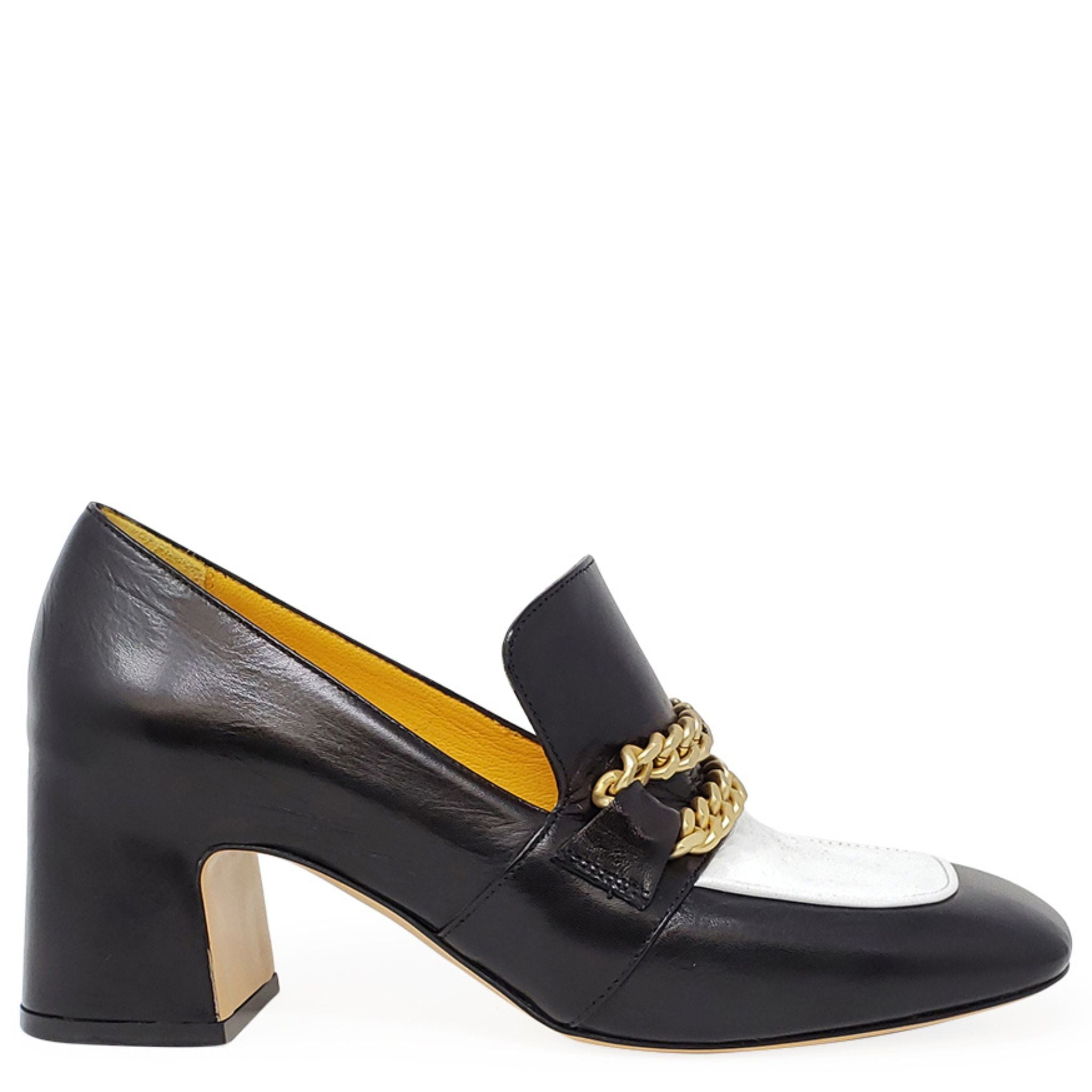 Black & White Leather Mid Heel Loafer W/Chain - Overture Gifts