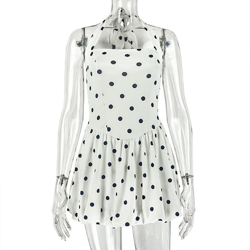 Black White Women Printed Wear Polka Dot Cinched Pleated A line Dress Halter Short Sleeveless Dress Tide - Overture Gifts