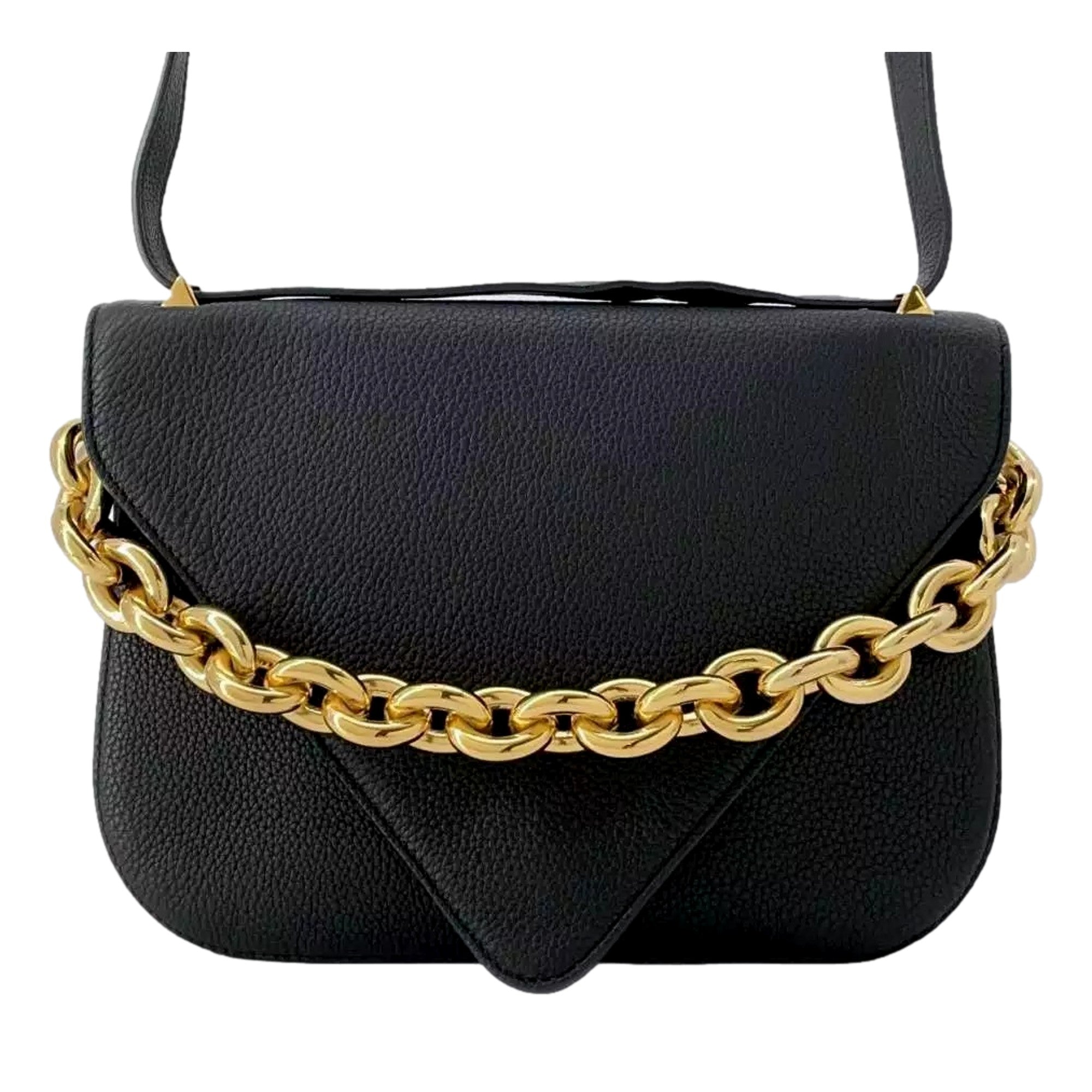 Bottega Veneta Mount Medium Envelope Black Leather Shoulder Bag Gold Chain