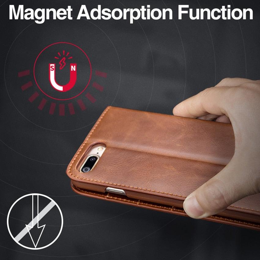 Brown Genuine Leather Flip Case For iPhone Luxury Wallet Card Cover For iPhone 14 13 Leather iPhone Case Kickstand Card Holder Flip Leather Wallet Phone Case - Overture Gifts