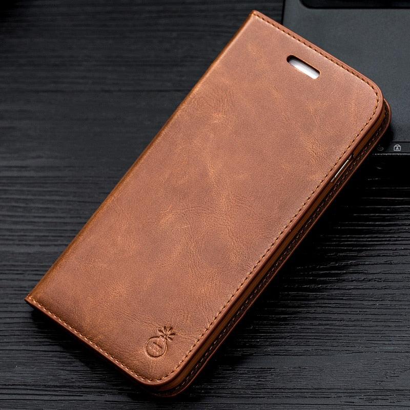 Brown Genuine Leather Flip Case For iPhone Luxury Wallet Card Cover For iPhone 14 13 Leather iPhone Case Kickstand Card Holder Flip Leather Wallet Phone Case - Overture Gifts