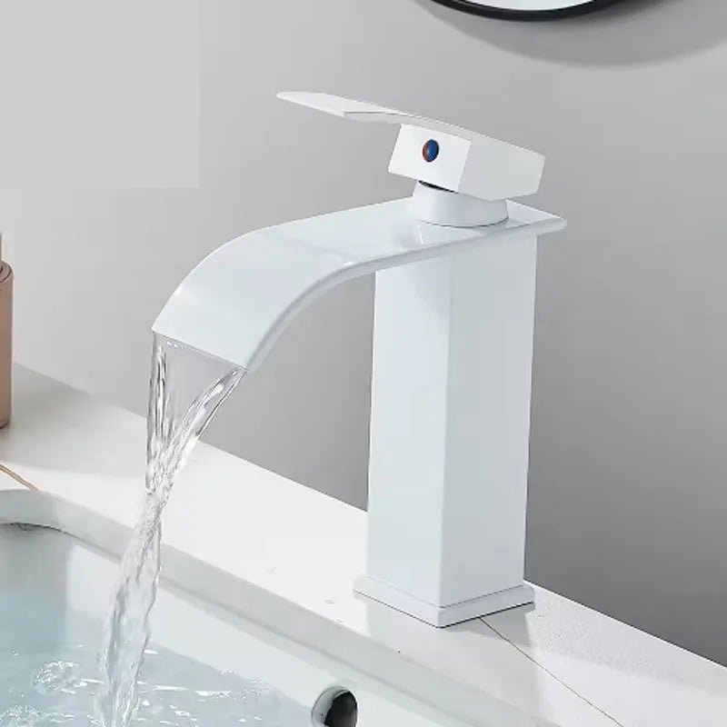 Brushed Gold Waterfall Bathroom Faucet - Single Lever Deck-Mount Basin Mixer, Single Hole, Stainless Steel Ceramic Valve - Overture Gifts