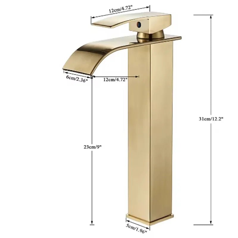 Brushed Gold Waterfall Bathroom Faucet - Single Lever Deck-Mount Basin Mixer, Single Hole, Stainless Steel Ceramic Valve - Overture Gifts