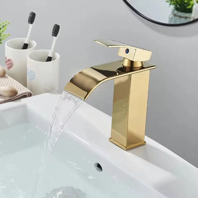 Brushed Gold Waterfall Bathroom Faucet - Single Lever Deck-Mount Basin Mixer, Single Hole, Stainless Steel Ceramic Valve - Overture Gifts