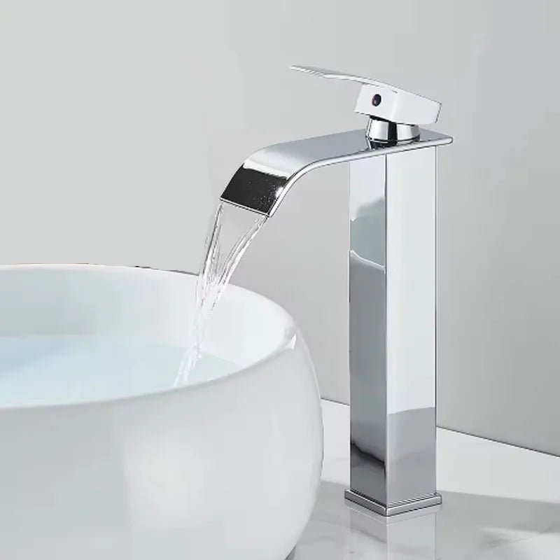 Brushed Gold Waterfall Bathroom Faucet - Single Lever Deck-Mount Basin Mixer, Single Hole, Stainless Steel Ceramic Valve - Overture Gifts