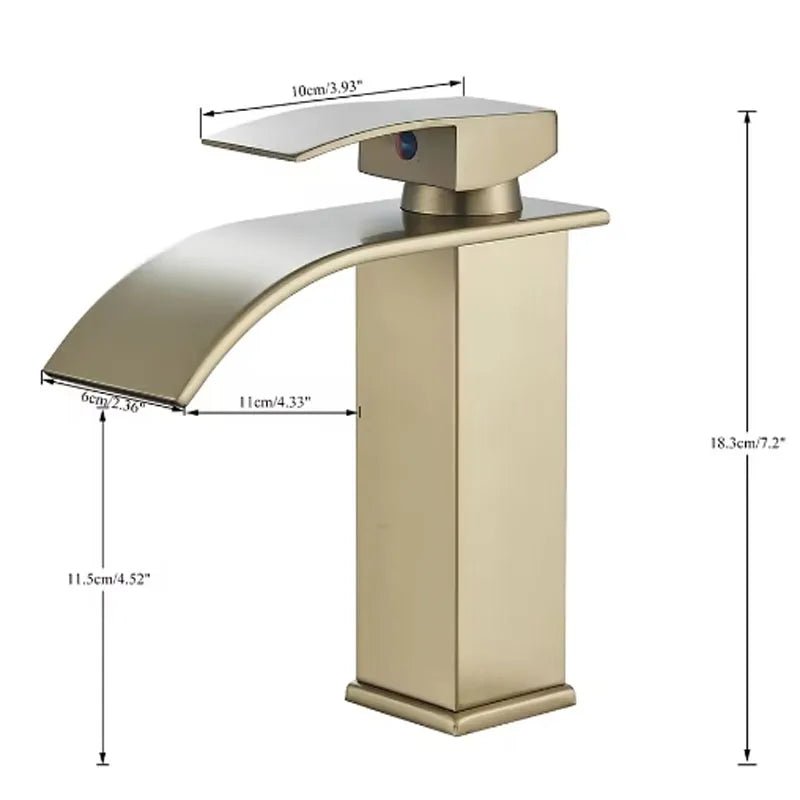 Brushed Gold Waterfall Bathroom Faucet - Single Lever Deck-Mount Basin Mixer, Single Hole, Stainless Steel Ceramic Valve - Overture Gifts