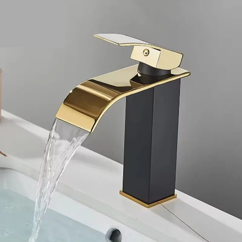 Brushed Gold Waterfall Bathroom Faucet - Single Lever Deck-Mount Basin Mixer, Single Hole, Stainless Steel Ceramic Valve - Overture Gifts